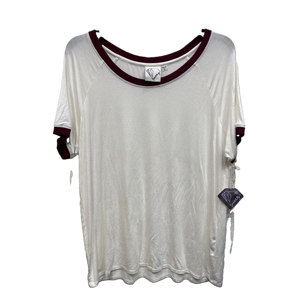Janet Chung Women Ivory t-shirt raglan style New L Sheer Maroon Trim Stretch